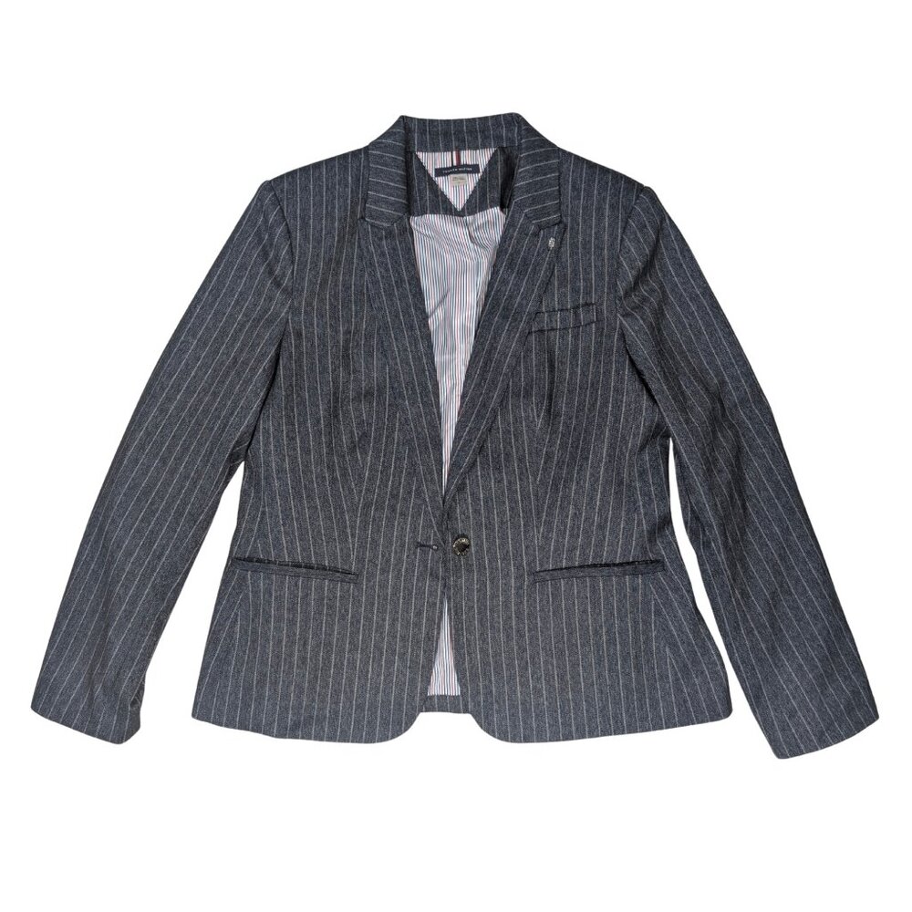 Tommy Hilfiger Women's Pinstripe Blazer Size 14 Navy Blue Elbow Patch Stretch